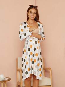 Maternity Fashionable Colorful Polka Dot Nursing Dress - Multicolor - View 3