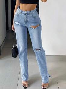 Women Casual Distressed Flared Pants With Slit Hem & Pockets - Light Wash - View 2