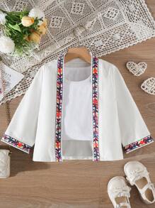 SHEIN Trẻ Cô gái Thực vật Thêu Áo len Mở áo - trắng - Xem 1