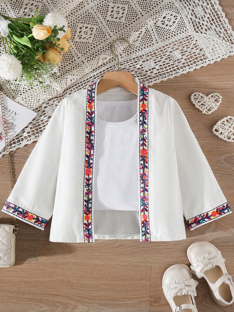 SHEIN Trẻ Cô gái Thực vật Thêu Áo len Mở áo - trắng - Xem 1