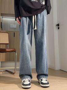 Jeans dritti con vita con cordoncino casual da uomo - Blu - Visualizzare 3