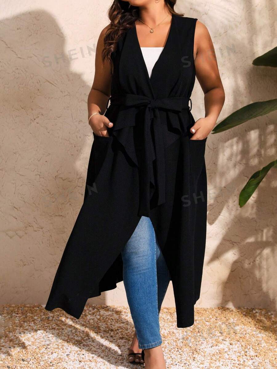 Calvaya Abrigo De Talla Grande Con Dobladillo Asimétrico De Color Sólido - Negro - Ver 1