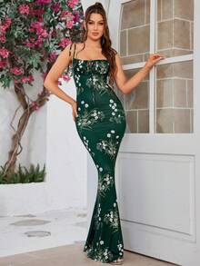 PARTHEA Women's Floral Print Spaghetti Strap Mermaid Hem Ruched Dress - Green - View 7