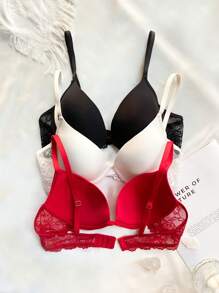SHEIN 3pcs Women's Lace Trim Underwire Bra - Multicolor - View 2
