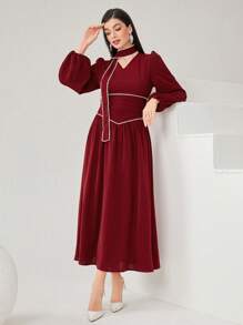 Modelyn Women'S Lantern Sleeve Pearl Beaded Sheath Dress - Red - View 5