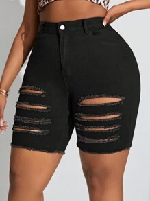SHEIN SXY Plus Size Women'S Stretchy Denim Distressed Sexy Shorts, Slim Fit