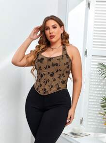 Plus Summer Rave Festival Velvet Floral Embroidery Bandana Hem Lace Up Back Bustier Corset Shapewear Crop Halter Top Music Festival - 棕色 - 查看 3