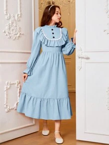 SHEIN Vestido Largo Casual Para Adolescente Con Ribete De Volantes Tejidos - Celeste - Ver 5