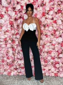 SHEIN SXY Women's Black And White Color Block Bowknot Strap Jumpsuit - White - View 5