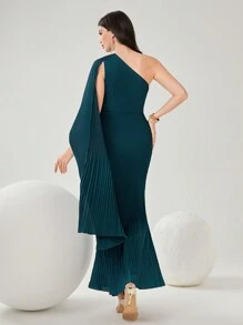Modelyn 女士纯色鱼尾不对称领口连衣裙，优雅晚会礼服长款晚礼服 - 水鴨藍 - 查看 2