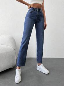 EURMUSE Straight Leg High Waisted Denim Pants - Dark Wash - View 5
