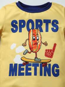 SHEIN 4入組年輕男孩短袖t卹和短褲套裝,貼身設計具卡通圖案,適用於初夏和秋季穿著 - 黃色 - 查看 6