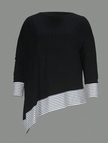 大码女式圆领纯色长款不对称下摆衬衫，简约优雅，适合外出和居家穿着。女士夏季服装，商务休闲黑色春季款 - 黑色 - 查看 2