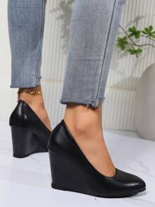 Women's Wedge Thick Bottom Slip-On Shoes, Fashion For Wedding, Party, Vacation, Work, Formal Occasions, Black High Heels For Daily Wear - Black - View 3