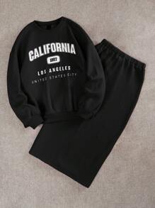 SHEIN EZwear Women's Letter Printed Long Sleeve Sweatshirt And Skirt Two Piece Set - Black - View 3