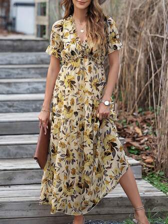 碎花飄袖翻領帶繫帶腰開叉連身裙