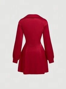 SHEIN MOD Women's Wine-Red Solid Color Pleated Wrap Dress With Slanted Placket - Burgundy - View 2