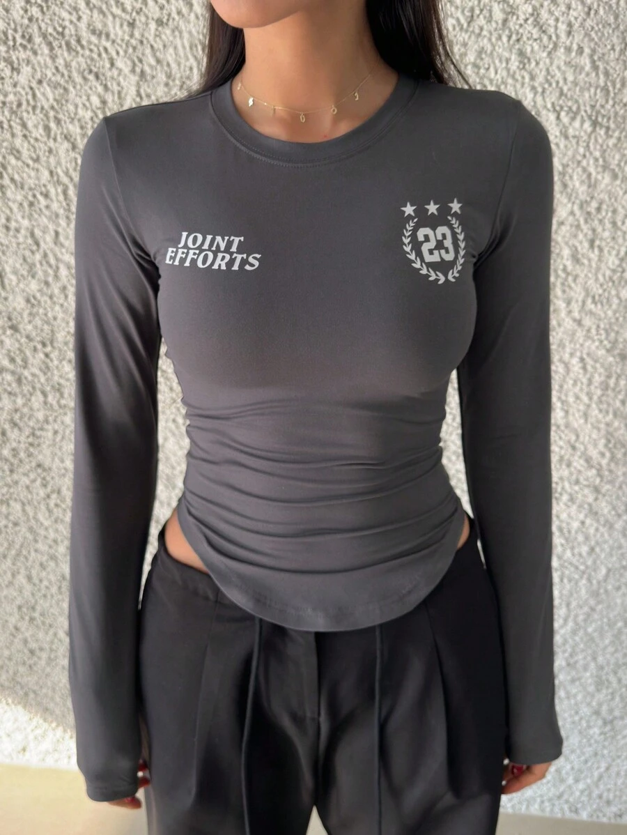 DAZY T-shirt à manches longues coupe slim avec imprimé lettres et ourlet arrondi, vêtements d'automne - Gris - Voir 1