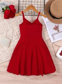 SHEIN 年轻女孩新款红色沙滩裙，V 领 A 字中长连衣裙，细肩带，夏季 - 紅色 - 查看 2