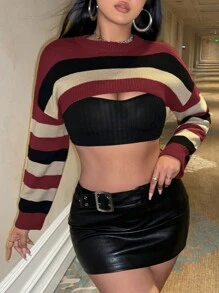 SHEIN ICON 大尺碼女士顏色拼接條紋短版毛衣,圓領設計 - 紅色 - 查看 5