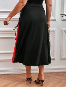 Fashionable Vintage Style Red & Black Color Block Pleated Skirt With Straps - Black - View 2