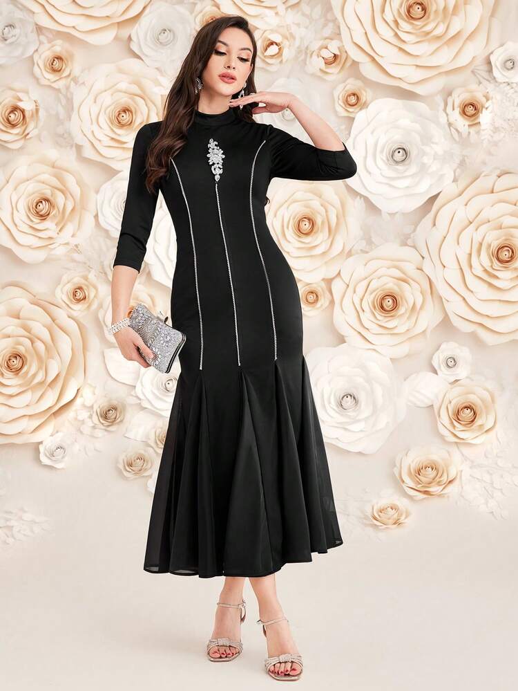 Women's Stand Collar Ruffled Hem Dress Long Evening Dresses