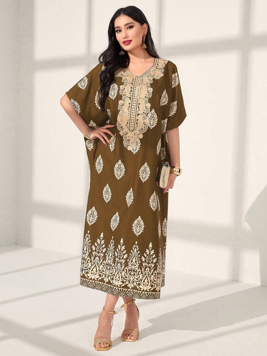 Al Najma Printed Patchwork Embroidery Batwing Sleeve Dress Kaftan Jalabiya Dress - Brown - View 1
