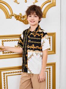 SHEIN 十幾歲男孩鬆身款休閒無領短袖平紡襯衫,有鏈條圖案 - 白色 - 查看 6