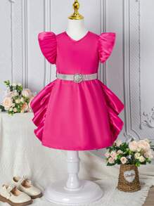 SHEIN Young Girl'S V-Neck Ruffle Trim Decorated Dress - Hot Pink - View 1