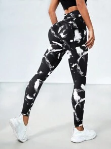 Easithlete 水墨圖案運動打底褲 - 黑與白 - 查看 6