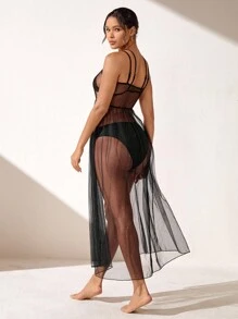 SHEIN Swim 1 件女式高开叉网眼下摆细肩带罩衫连衣裙音乐节夏季 - 黑色 - 查看 2