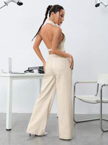 SHEIN ICON 純色無背綁頸上衣配低腰寬腿褲兩件套裝 - 卡其色 - 查看 5