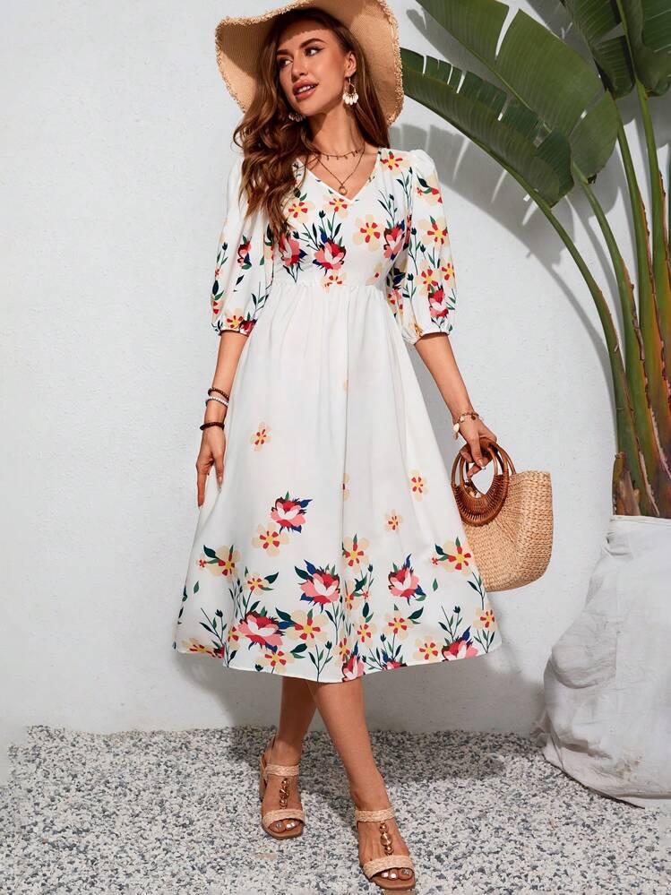 white floral dress with sleeves Suzette Embroidered Midi  Frock and Frill Clothing : Midi Dresses :
