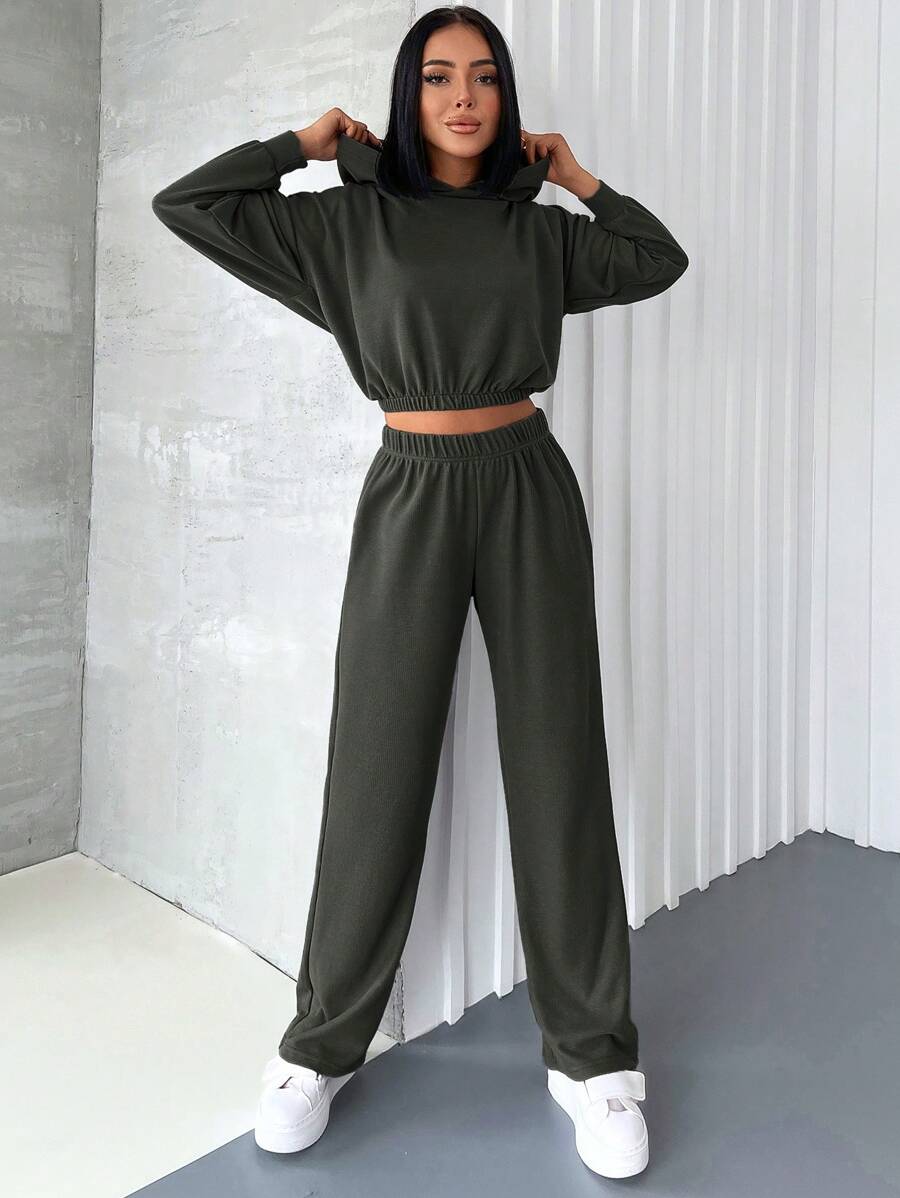 RueChic Của phụ nữ Đàn hồi Dây thắt lưng Quần skinny Hoodie Và Quần thể thao Bộ - xanh quân đội - Xem 1