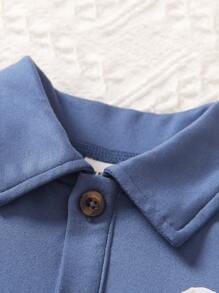 SHEIN 年轻男孩运动 Polo 衫和格子图案短裤套装（带渔夫帽），2 件套，适合夏季 - 藍色 - 查看 5