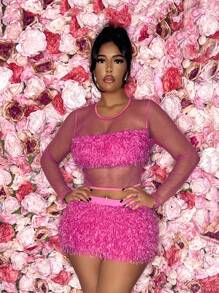 SHEIN SXY 性感網紗和羽毛長袖兩件裝連衣裙,適合舞會派對 - 粉色 - 查看 1