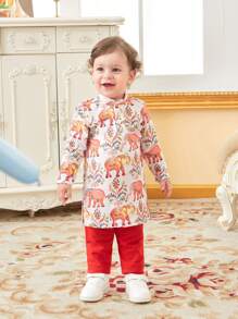 嬰兒男寶寶春夏季兩件式大象趣味印花可愛日常休閒套裝 - 彩色 - 查看 4