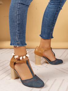 女款藍色空心腳踝帶厚跟高跟鞋,復古風格 - 藍色 - 查看 2