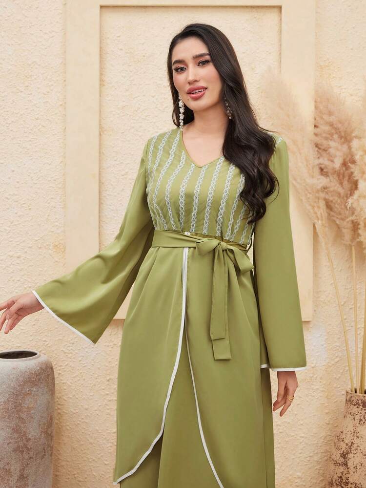 Women's Sequin Mix Color Patchwork With Piping Trim Wrap Dress