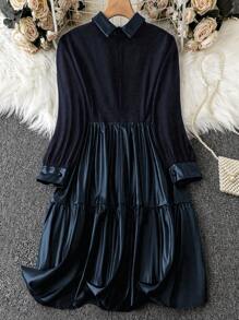 SHEIN LUNE Ladies' Color-Contrasted Spliced Pu Dress Fall Cloth For Women - Navy Blue - View 2