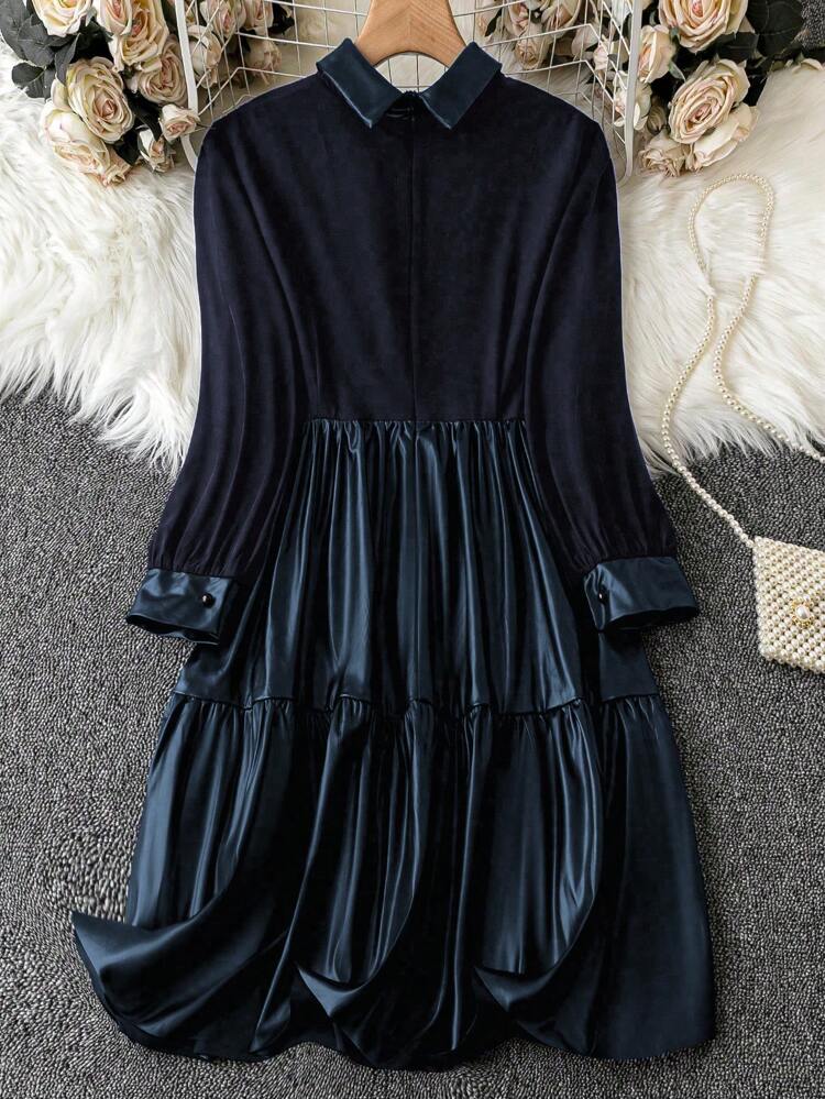 Ladies' Color-Contrasted Spliced Pu Dress Fall Cloth For Women