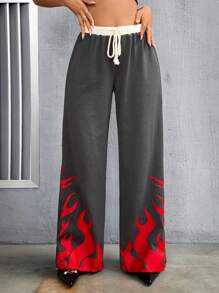 SHEIN ICON 女士y2k灰色系繩子腰帶火焰印花運動長褲 - 彩色 - 查看 5