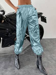 EURMUSE Ladies' Solid Color Metallic Feeling Cargo Pants - Blue - View 5