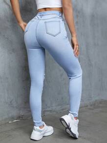 SHEIN Essnce Jeans ajustados desgarro de talle alto - Lavado ligero - Ver 2