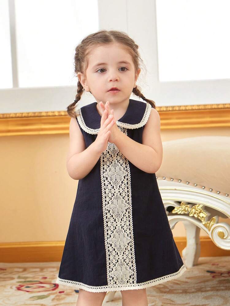 Baby Girl'S Classic Deep Blue Sleeveless Dress With Peter Pan Collar, Lace Trim, Suitable For Everyday & Casual Wear, Spring/Summer