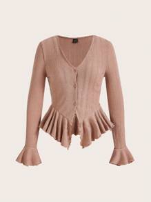 SHEIN MOD Women V-Neck Ruffle Trim Button Front T-Shirt With Hemline For Valentine's Day