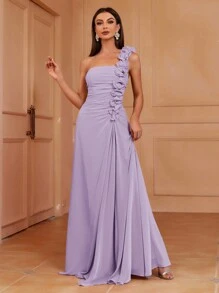 SHEIN Belle Vestido de Dama de Honra com Decote Assimétrico e Linha A, com Pregueados 3D, Babado (Adulto) Elegante Vestido de Festa, Formatura, Jantar, Casamento - Lavanda - Visão 1
