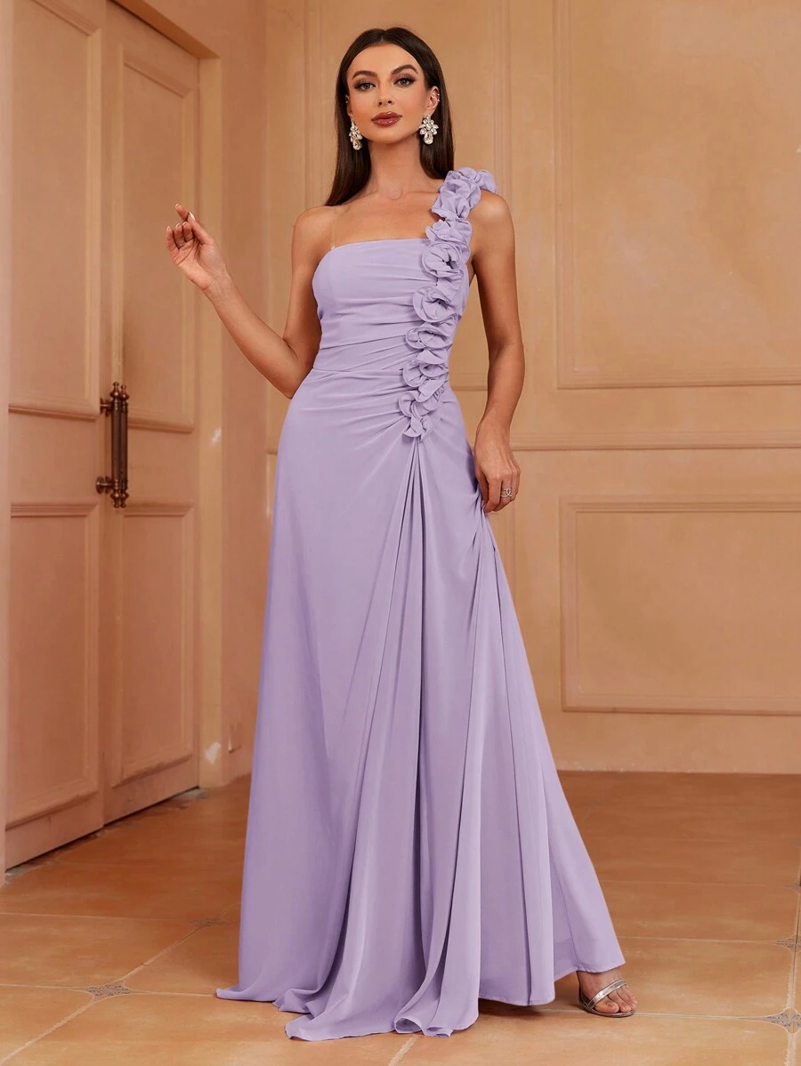 SHEIN Belle Vestido de Dama de Honra com Decote Assimétrico e Linha A, com Pregueados 3D, Babado (Adulto) Elegante Vestido de Festa, Formatura, Jantar, Casamento - Lavanda - Visão 1