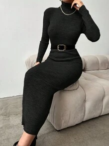 EURMUSE 女款高領長袖毛衣連身裙 - 黑色 - 查看 3