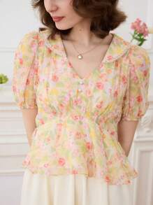 Simple Retro Women Peter Pan Collar Chiffon Blouse